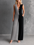 Mono Chic Elegante Negro y Gris con Cuello en V, Botonadura y Pierna Ancha