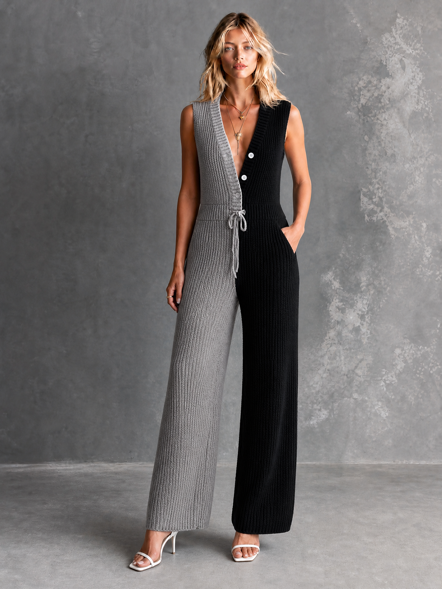 Mono Chic Elegante Negro y Gris con Cuello en V, Botonadura y Pierna Ancha
