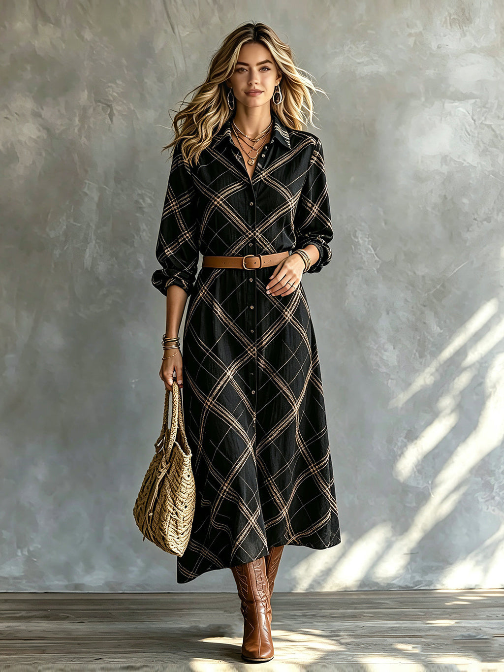 Vestido Midi Chic Elegante Negro y Camel con Estampado Geométrico, Solapa y Cinturón
