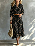Vestido Midi Chic Elegante Negro y Camel con Estampado Geométrico, Solapa y Cinturón