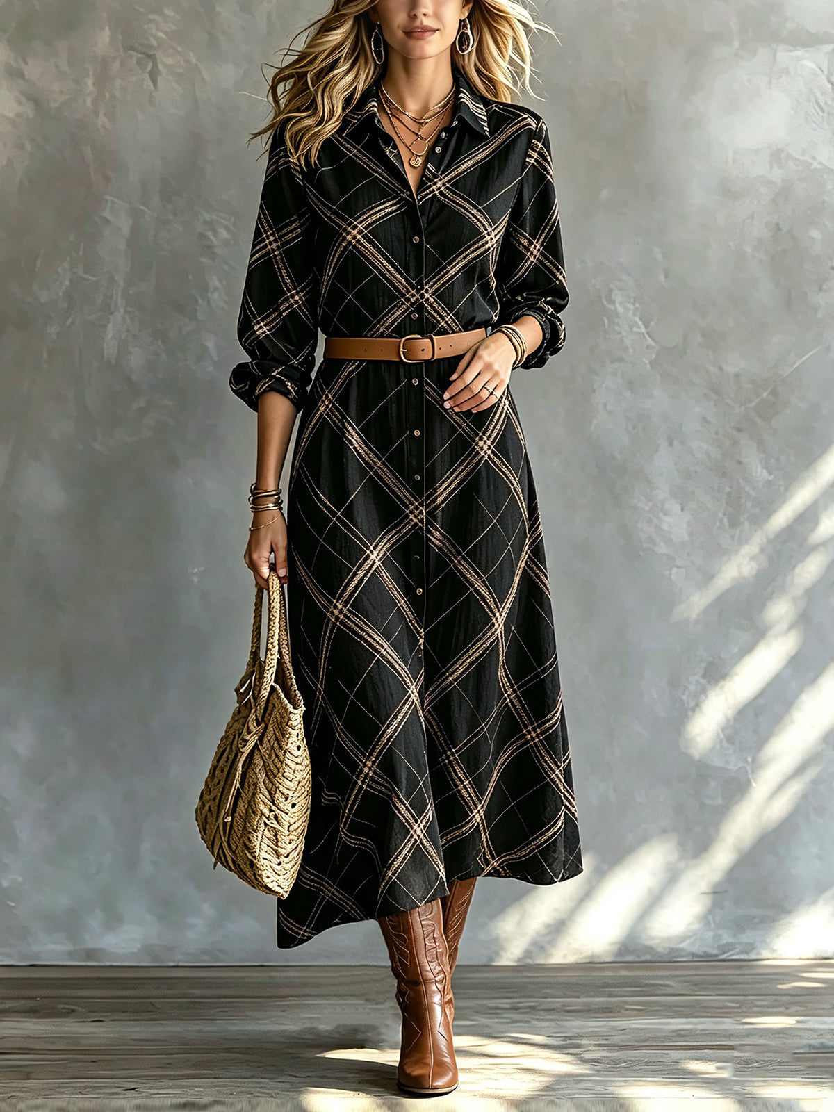 Vestido Midi Chic Elegante Negro y Camel con Estampado Geométrico, Solapa y Cinturón