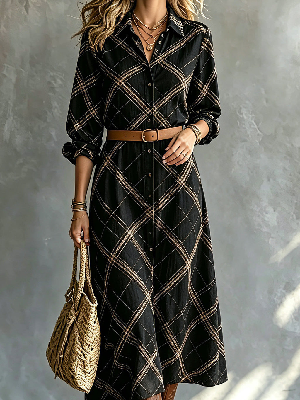 Vestido Midi Chic Elegante Negro y Camel con Estampado Geométrico, Solapa y Cinturón
