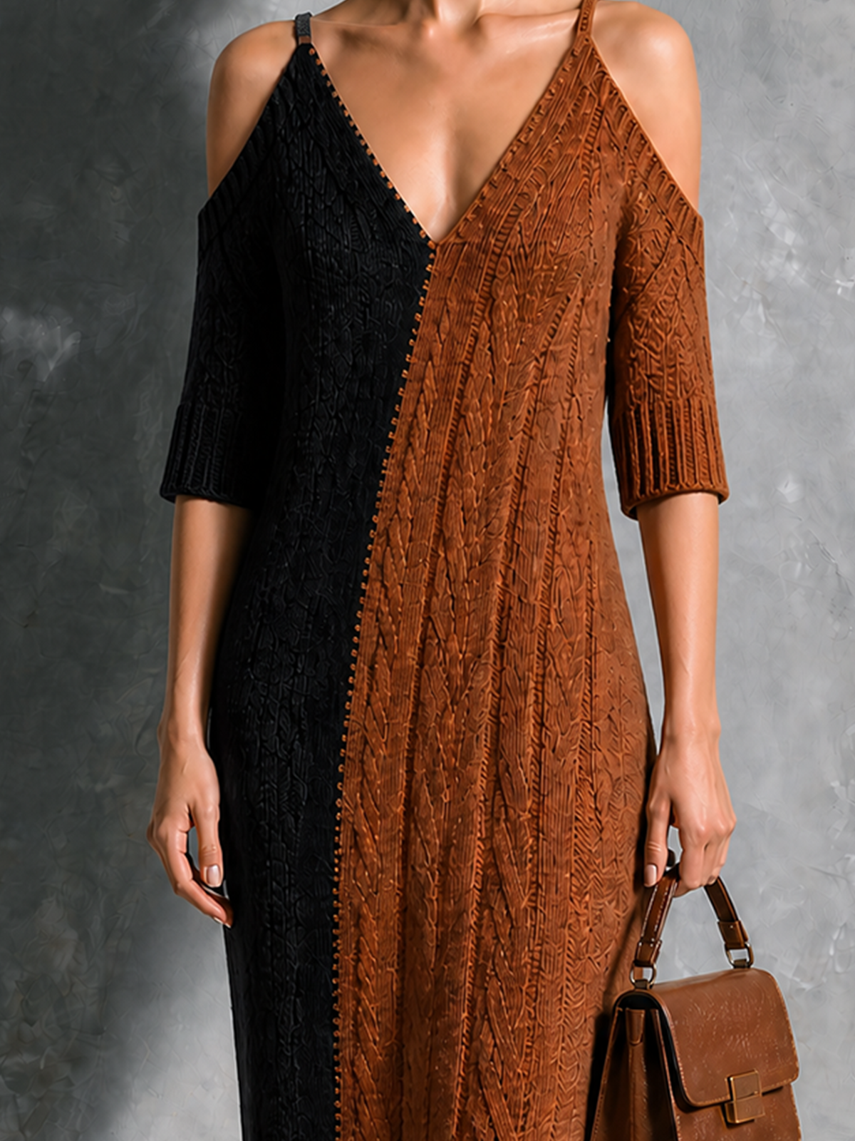 Vestido Midi Chic Elegante Colorblock Negro y Café con Tirantes, Hombros Descubiertos y Cable de Punto