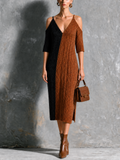 Vestido Midi Chic Elegante Colorblock Negro y Café con Tirantes, Hombros Descubiertos y Cable de Punto