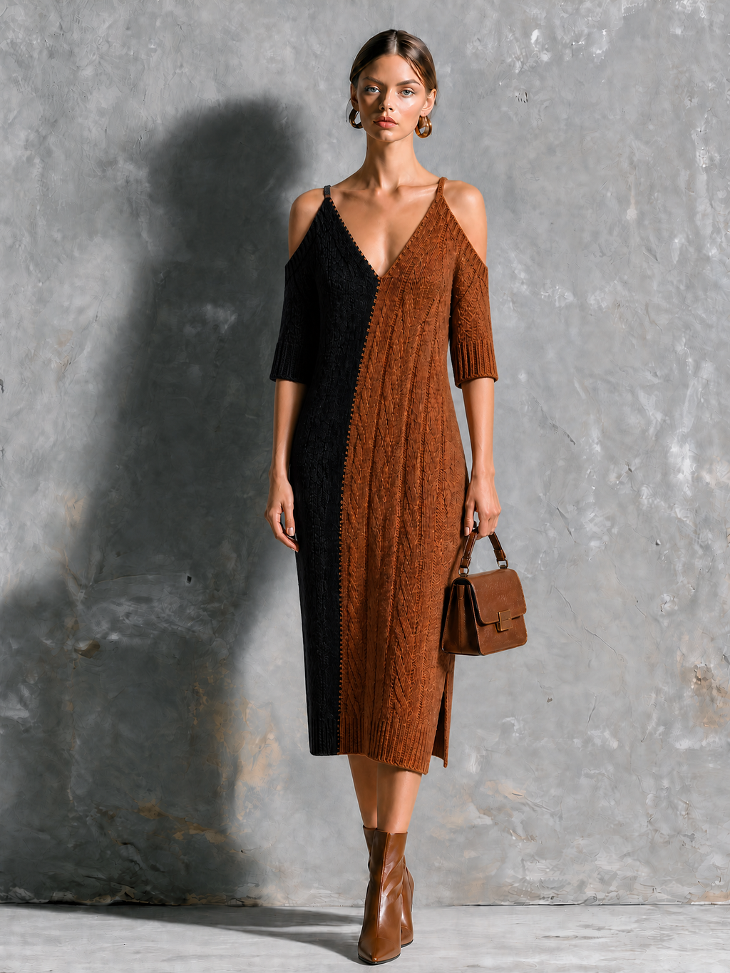 Vestido Midi Chic Elegante Colorblock Negro y Café con Tirantes, Hombros Descubiertos y Cable de Punto