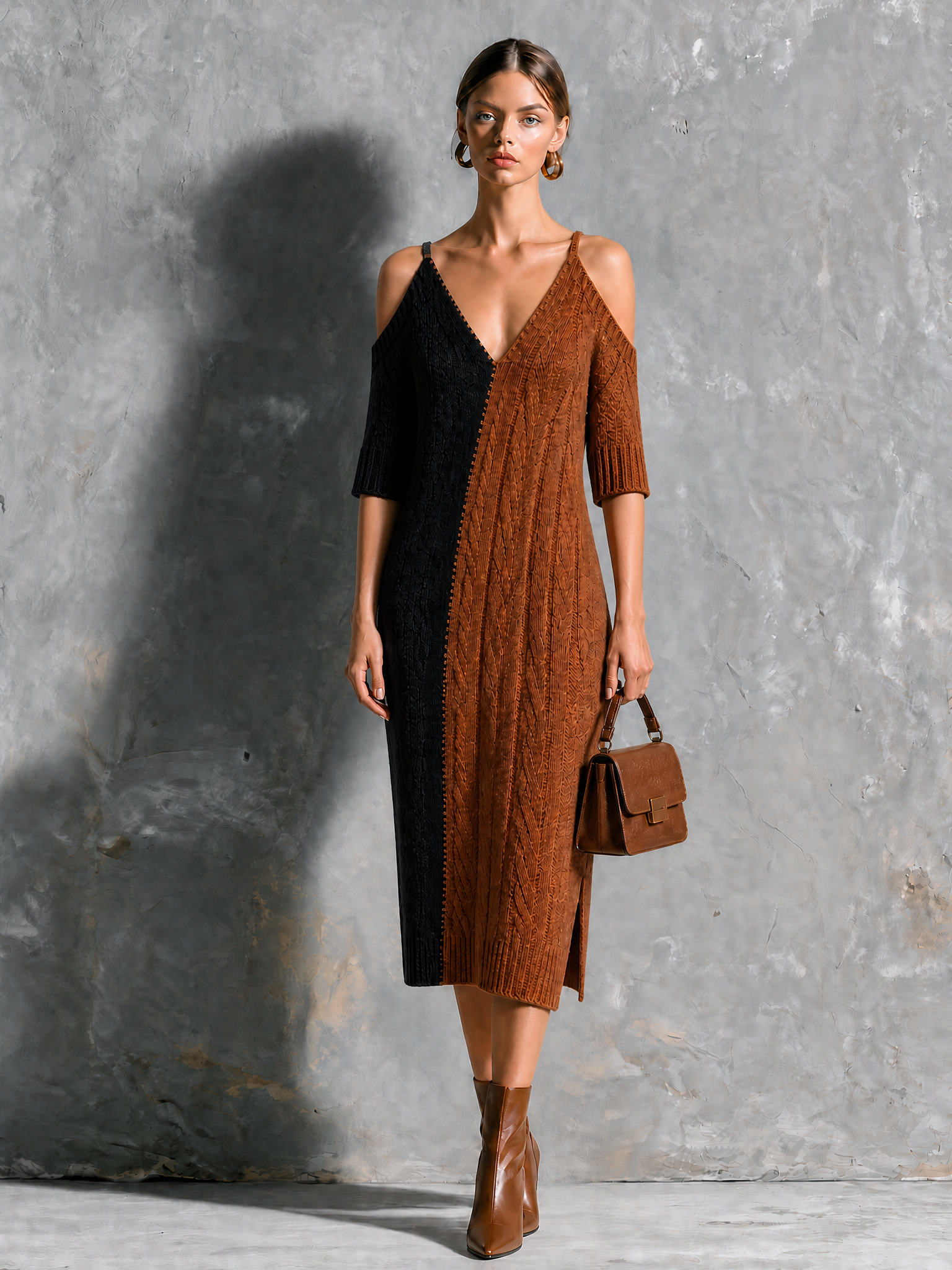 Vestido Midi Chic Elegante Colorblock Negro y Café con Tirantes, Hombros Descubiertos y Cable de Punto