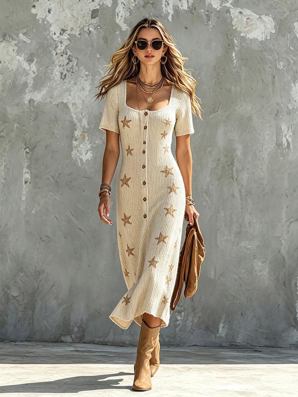 Vestido Midi Chic Elegante Beige con Cuello Cuadrado, Manga Corta y Estampado de Estrellas Camel