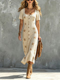 Vestido Midi Chic Elegante Beige con Cuello Cuadrado, Manga Corta y Estampado de Estrellas Camel
