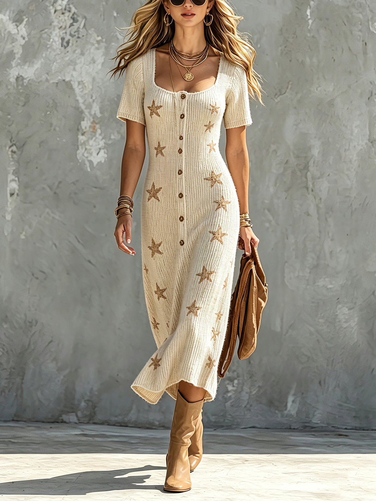 Vestido Midi Chic Elegante Beige con Cuello Cuadrado, Manga Corta y Estampado de Estrellas Camel