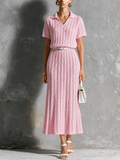 Vestido Midi Chic Elegante Rosa con Cuello Solapa en V, Calado y Cinturón Propio