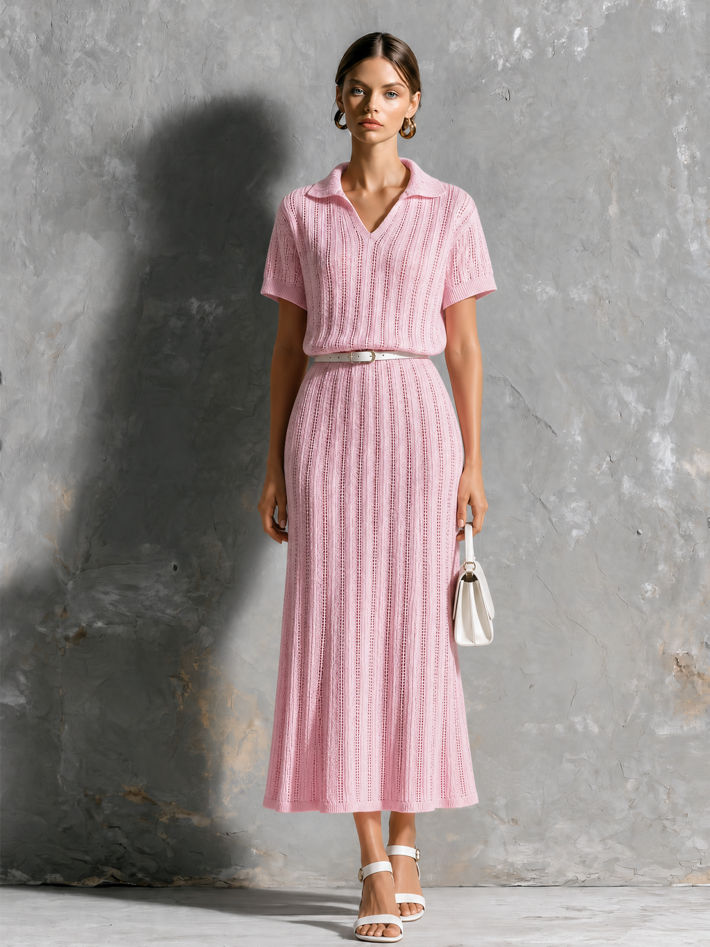 Vestido Midi Chic Elegante Rosa con Cuello Solapa en V, Calado y Cinturón Propio