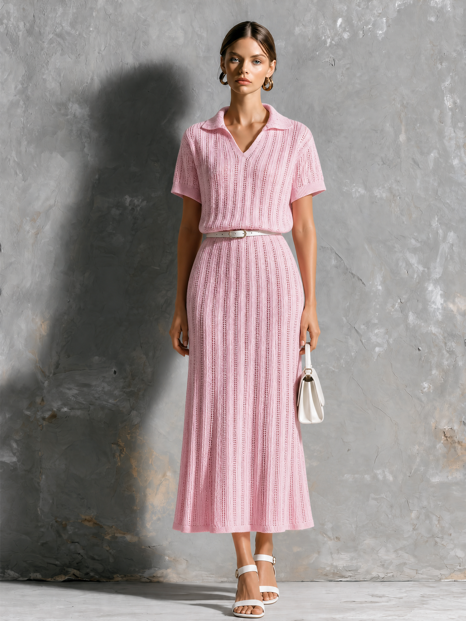 Vestido Midi Chic Elegante Rosa con Cuello Solapa en V, Calado y Cinturón Propio