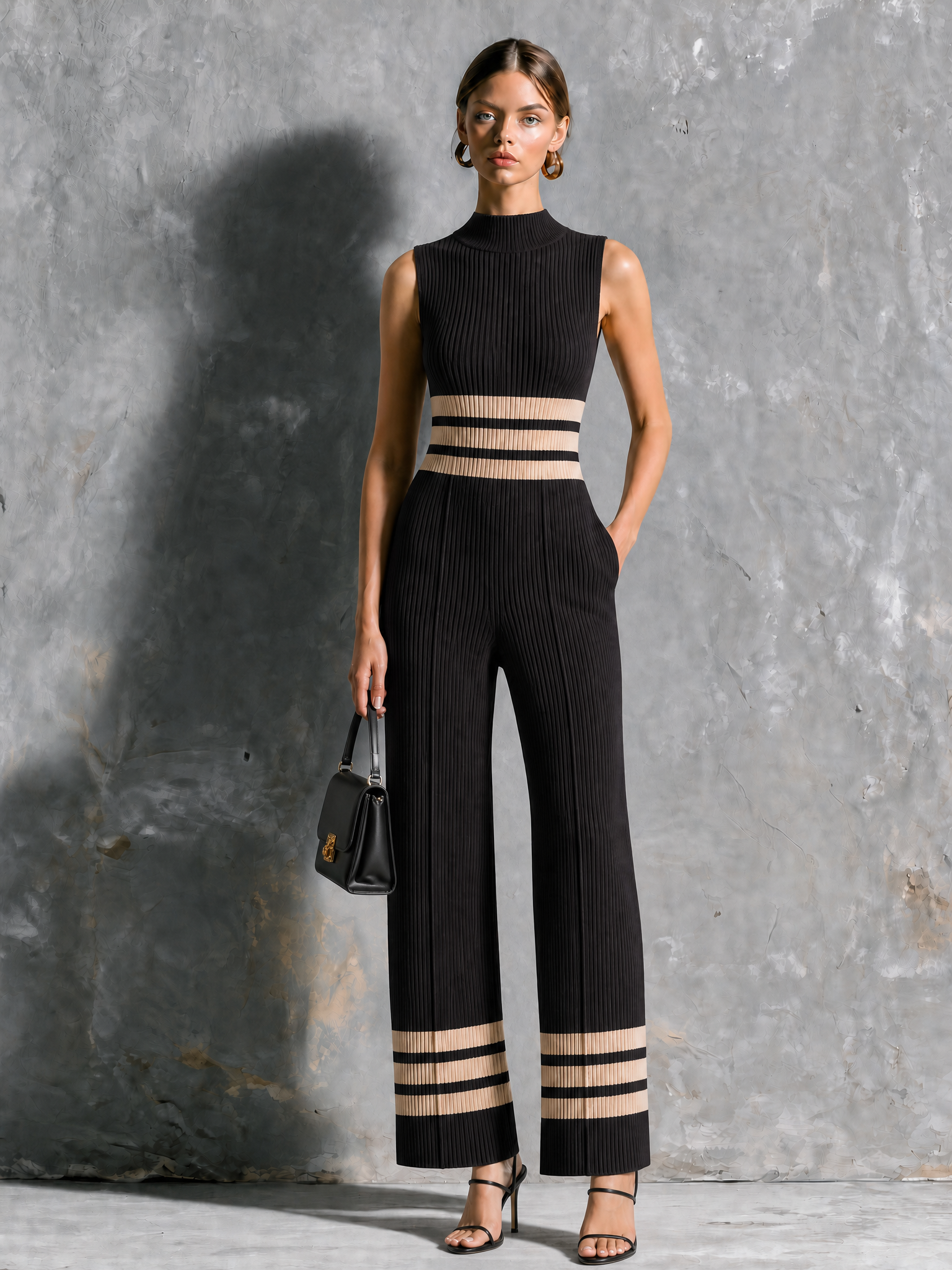 Mono Chic Elegante Negro con Cuello Alto, Ribete en Contraste, sin Mangas y Pierna Ancha