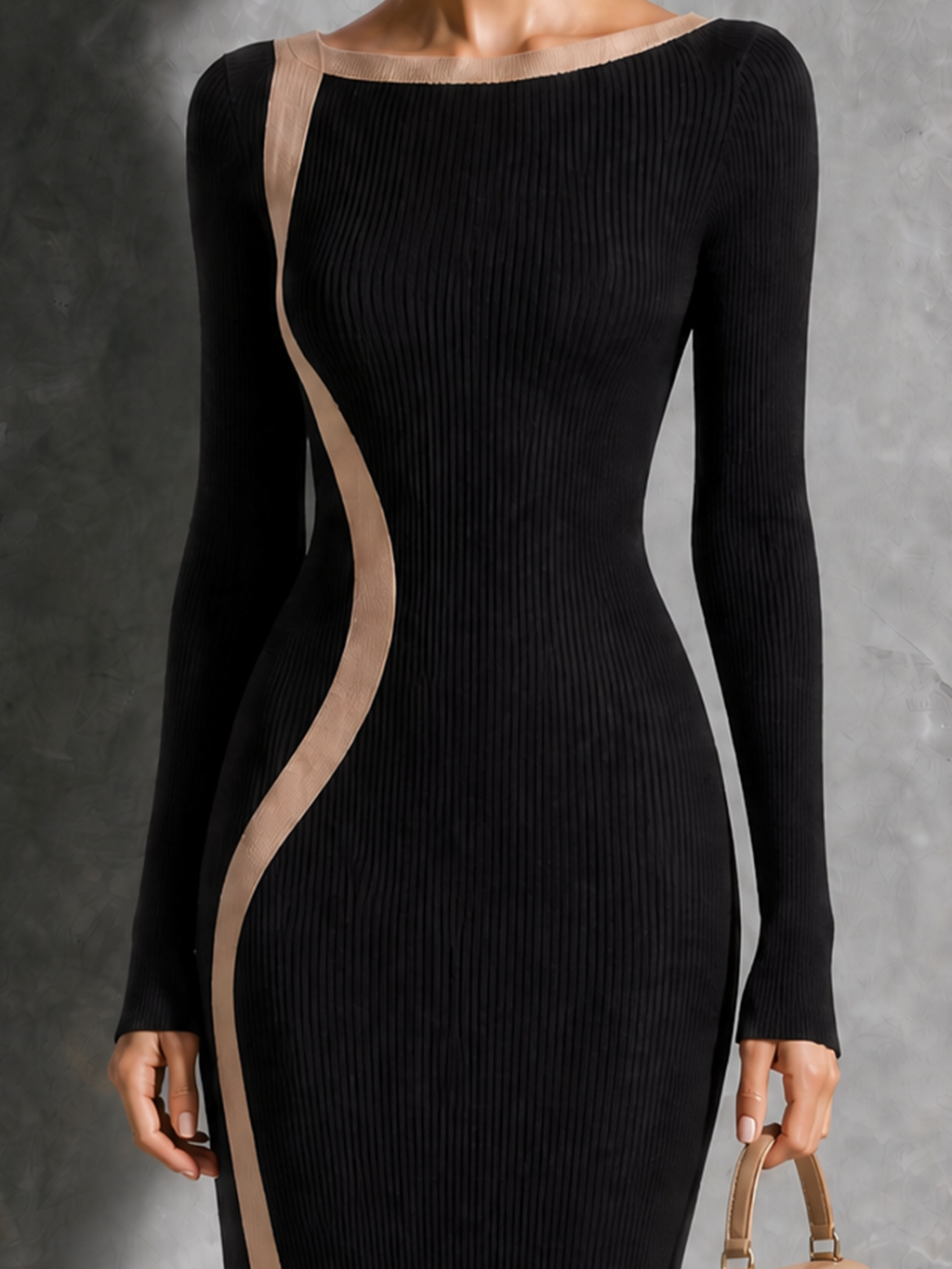 Vestido Midi Chic Elegante Negro con Cuello Barco, Ribete en Contraste Curvo y Abertura Lateral