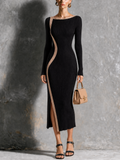 Vestido Midi Chic Elegante Negro con Cuello Barco, Ribete en Contraste Curvo y Abertura Lateral