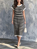 Vestido Midi Chic Elegante Colorblock a Rayas Negro y Blanco con Cuello Redondo y Manga Corta