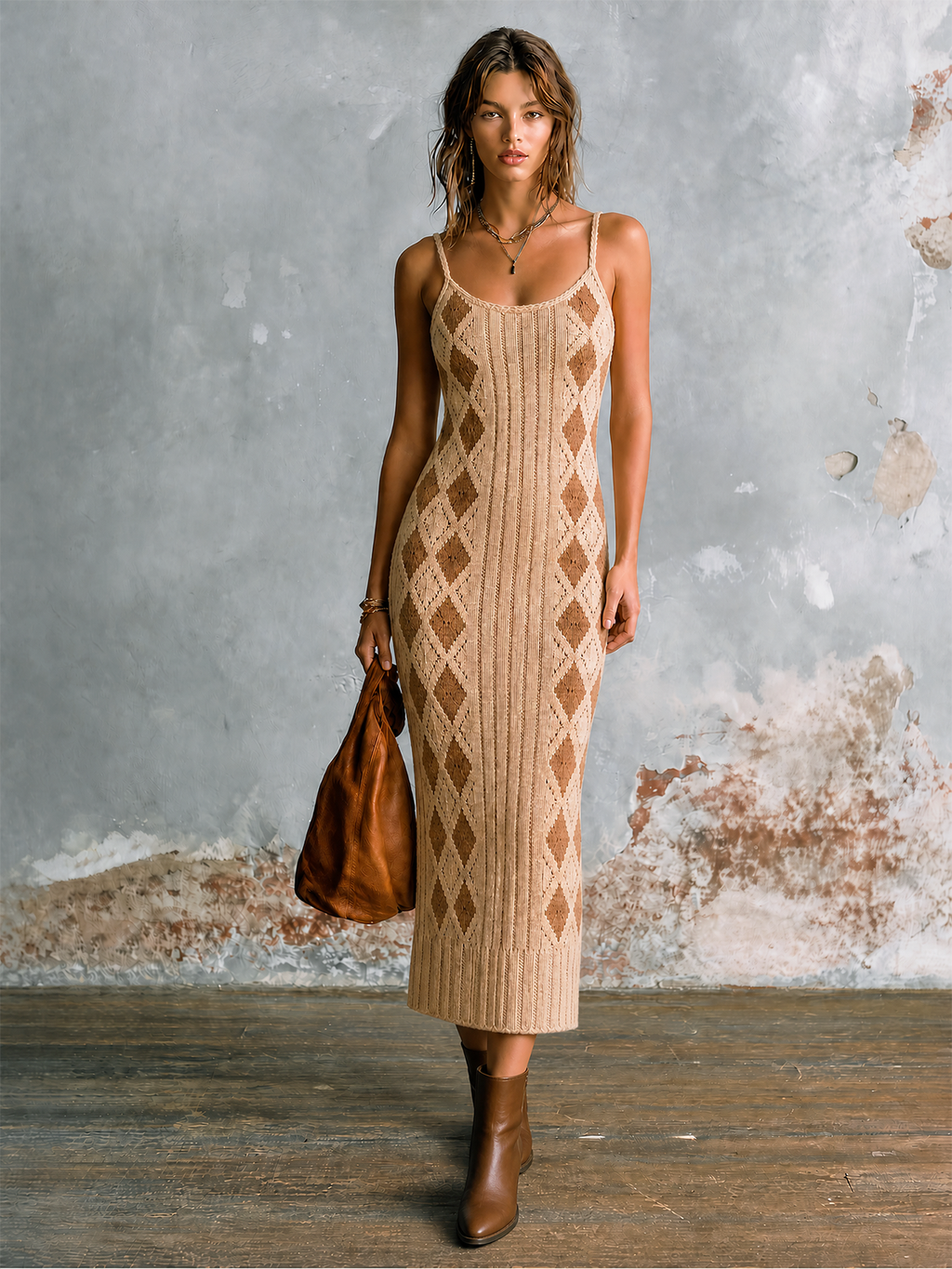 Vestido Midi Chic Elegante Beige con Tirantes Finos, Cuello en U y Jacquard Diamante Argyle