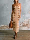 Vestido Midi Chic Elegante Beige con Tirantes Finos, Cuello en U y Jacquard Diamante Argyle