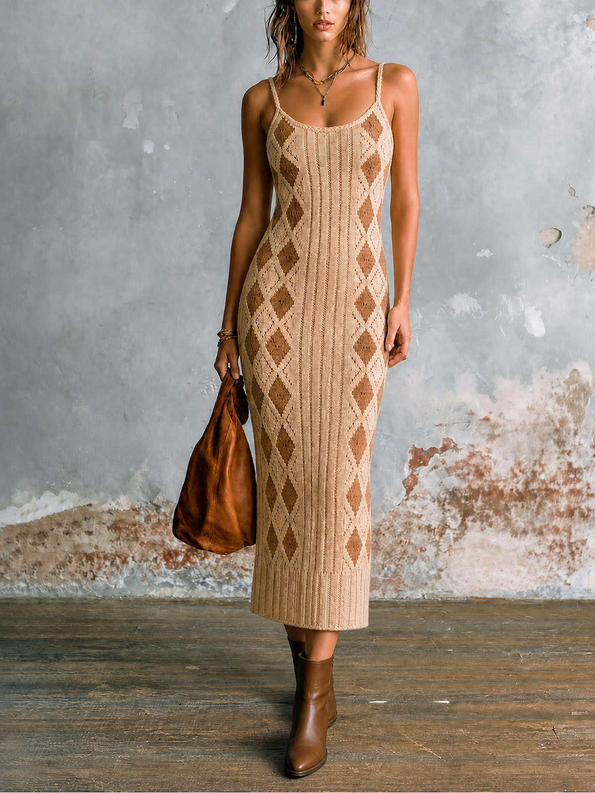 Vestido Midi Chic Elegante Beige con Tirantes Finos, Cuello en U y Jacquard Diamante Argyle