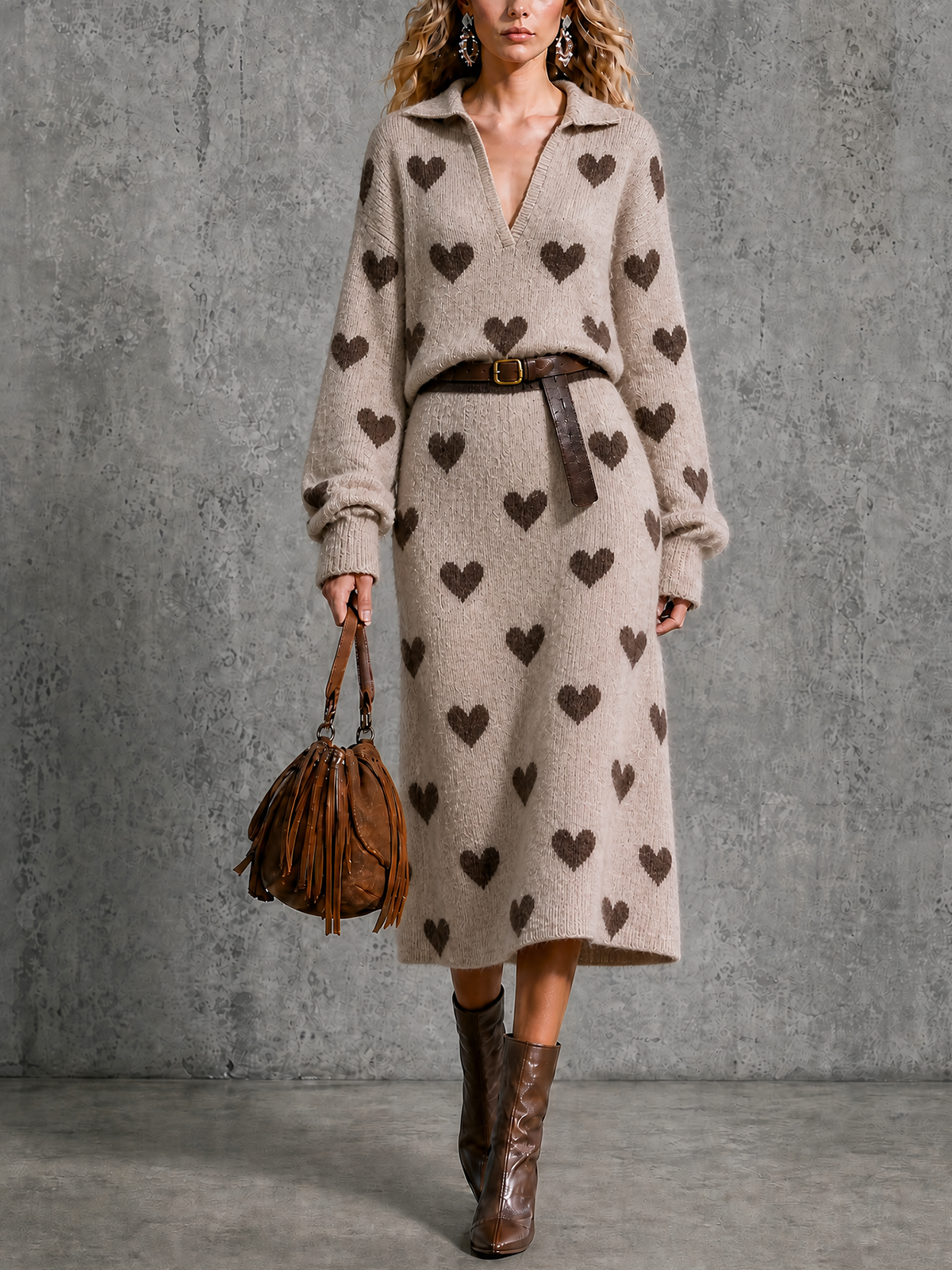 Vestido Midi Chic Elegante Beige con Cuello Solapa en V, Corazones Café en Jacquard y Cinturón