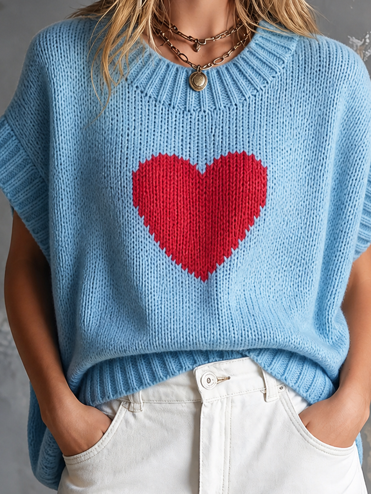Top Suéter Chic Casual Azul Claro con Cuello Redondo y Corazones Rojos en Jacquard