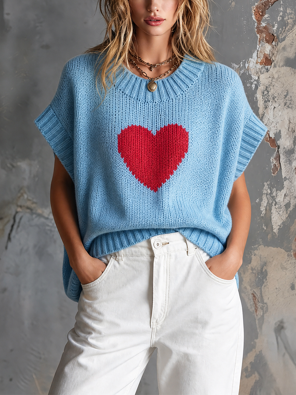 Top Suéter Chic Casual Azul Claro con Cuello Redondo y Corazones Rojos en Jacquard