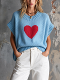 Top Suéter Chic Casual Azul Claro con Cuello Redondo y Corazones Rojos en Jacquard