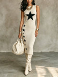 Vestido Midi Chic Elegante Beige con Cuello Redondo, sin Mangas y Estrellas Negras en Jacquard
