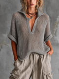 Top Suéter Chic Casual Gris Empolvado con Cuello Solapa y Botones en Malla