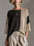 Top Suéter Chic Dorado y Beige Colorblock con Cuello Barco y Manga Tres Cuartos
