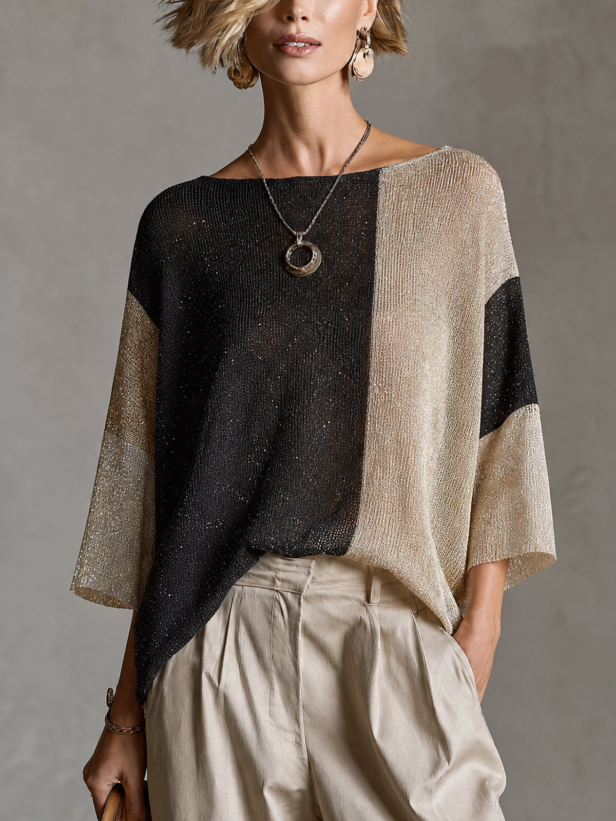 Top Suéter Chic Dorado y Beige Colorblock con Cuello Barco y Manga Tres Cuartos
