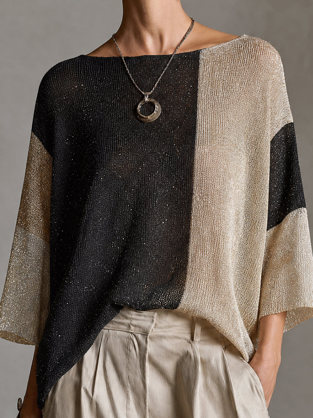 Top Suéter Chic Dorado y Beige Colorblock con Cuello Barco y Manga Tres Cuartos