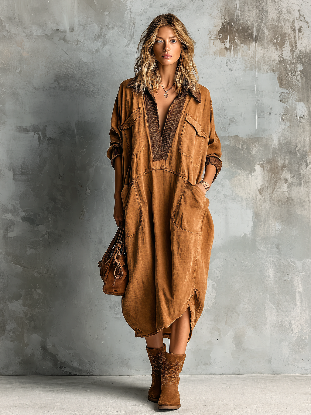 Vestido Midi Chic Casual Caramelo de Algodón con Cuello Solapa en V, Bolsillos y Dobladillo Asimétrico