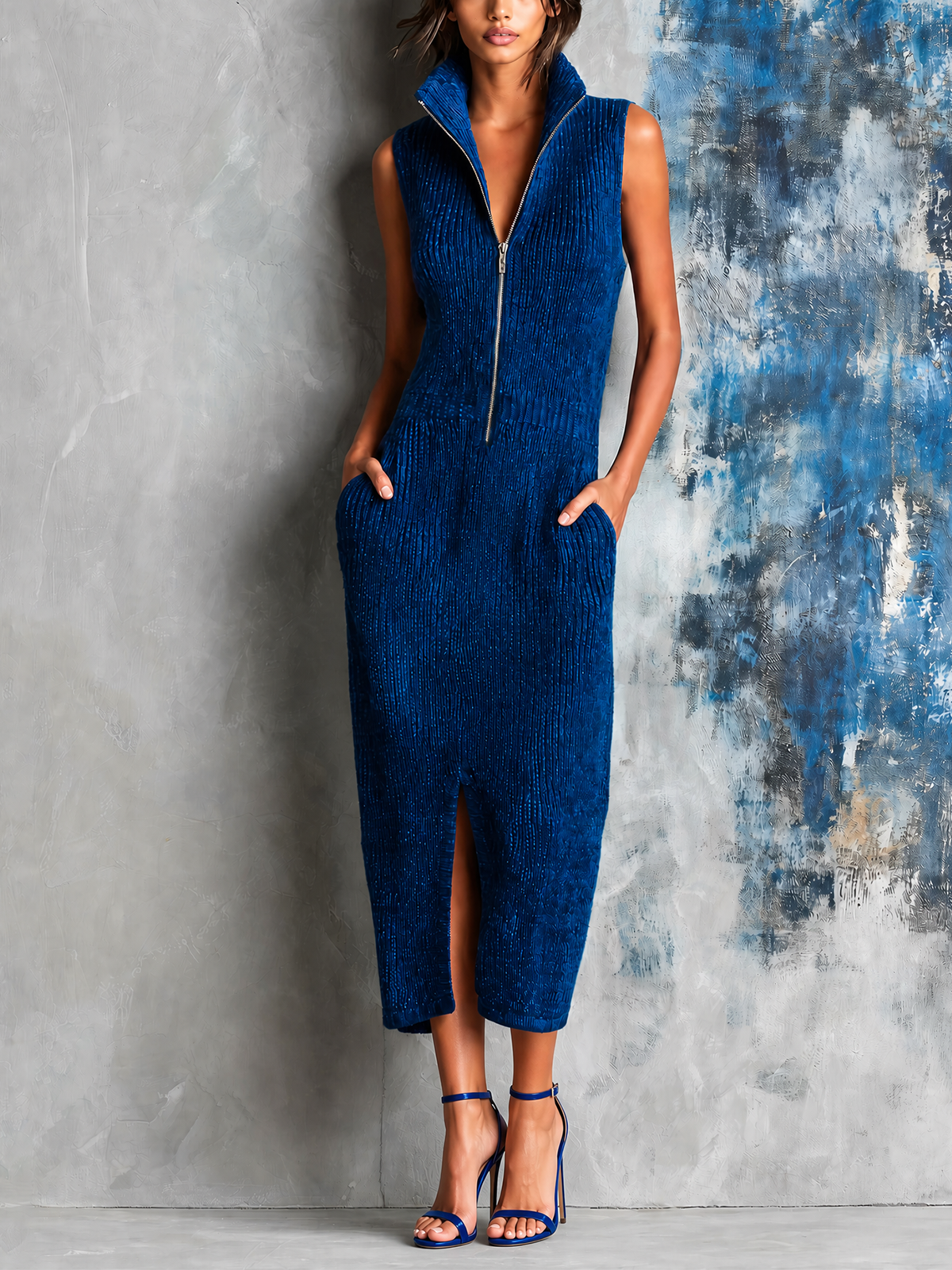 Vestido Midi Chic Elegante Azul Royal con Cuello Alto, Media Cremallera y Abertura Frontal
