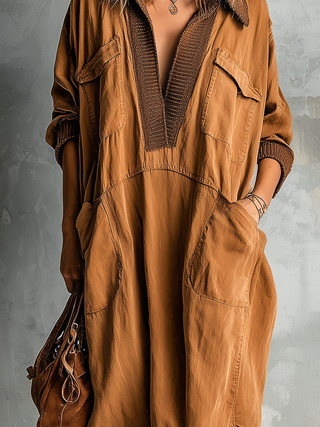 Vestido Midi Chic Casual Caramelo de Algodón con Cuello Solapa en V, Bolsillos y Dobladillo Asimétrico