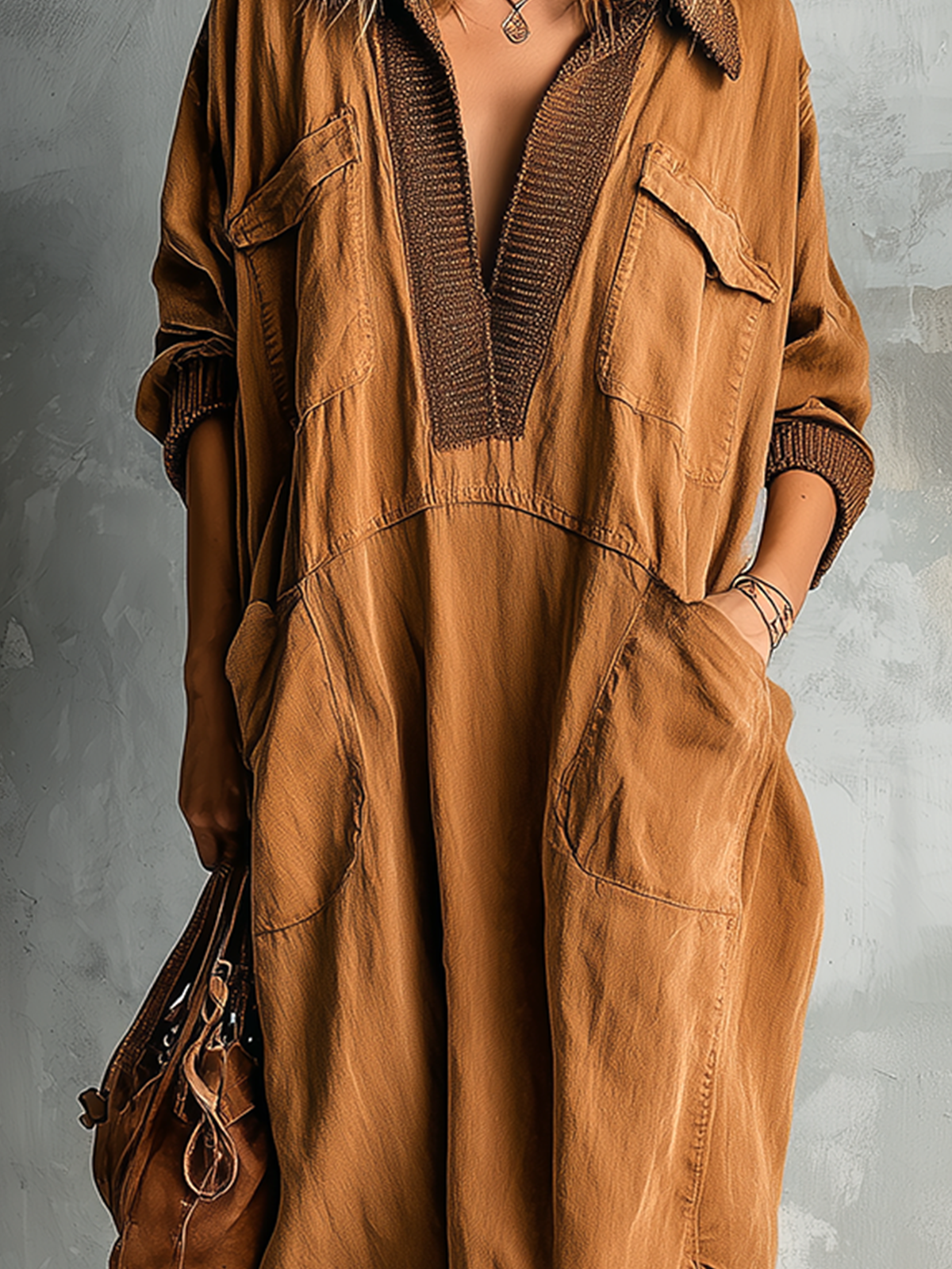 Vestido Midi Chic Casual Caramelo de Algodón con Cuello Solapa en V, Bolsillos y Dobladillo Asimétrico