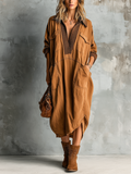 Vestido Midi Chic Casual Caramelo de Algodón con Cuello Solapa en V, Bolsillos y Dobladillo Asimétrico