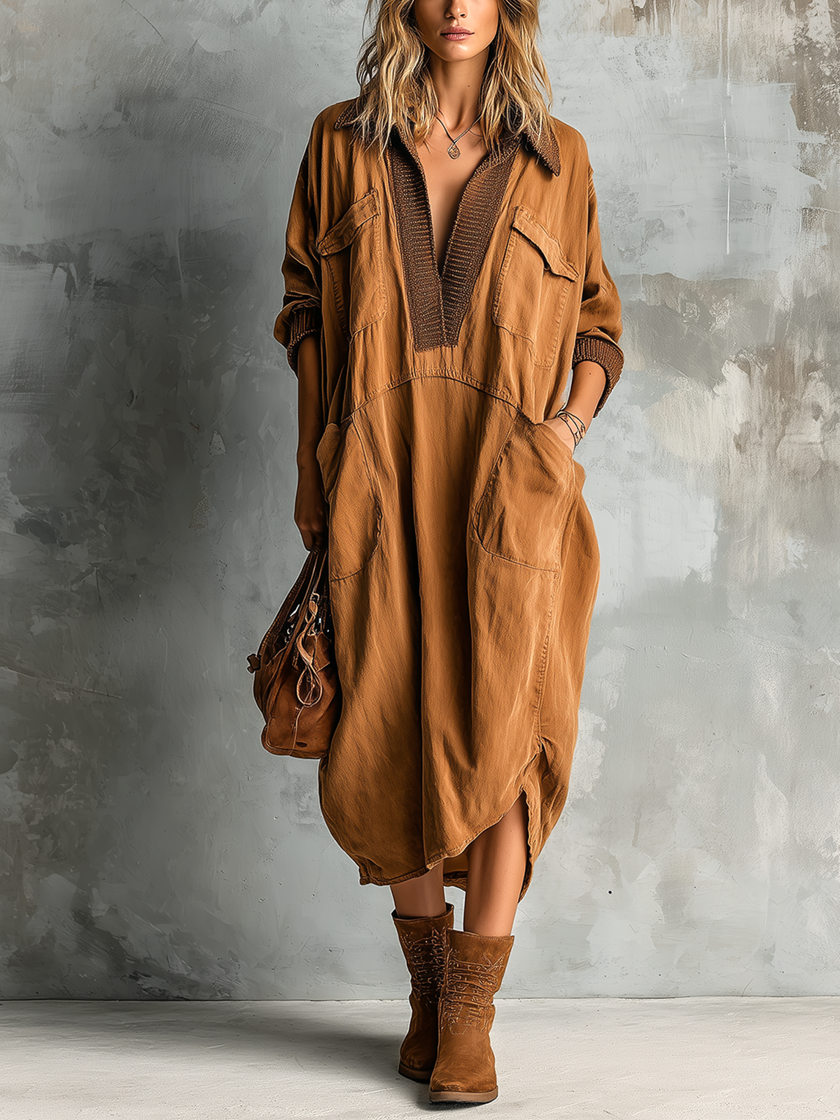 Vestido Midi Chic Casual Caramelo de Algodón con Cuello Solapa en V, Bolsillos y Dobladillo Asimétrico