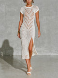 Vestido Midi Chic Blanco con Cuello Redondo, Manga Raglán y Punto Chevron Calado