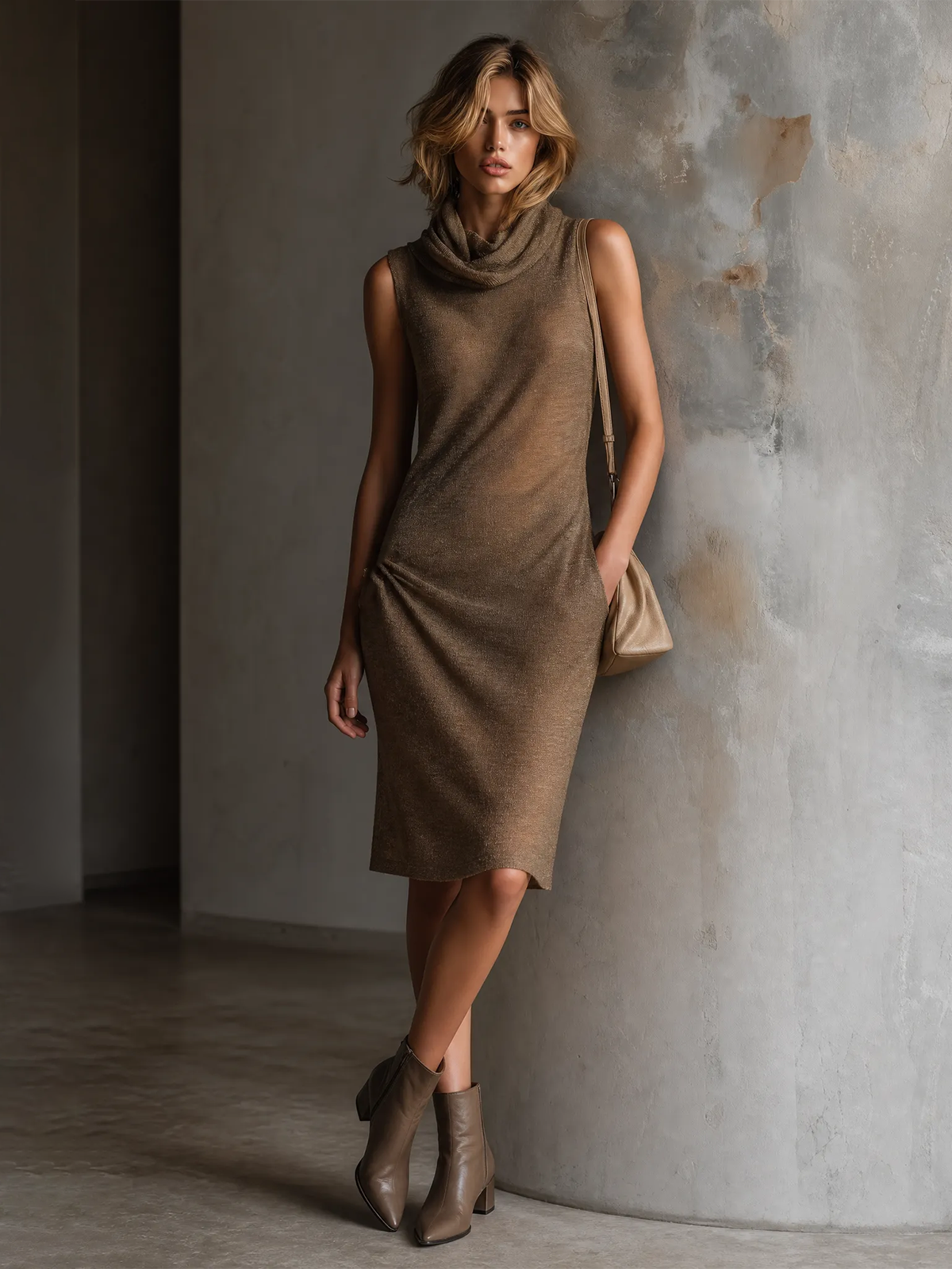 Vestido Midi Chic Elegante Taupe con Cuello Cowl y sin Mangas