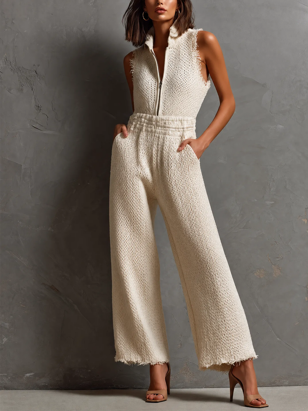 Mono Chic Elegante Blanco Crema con Cuello Alto, Media Cremallera y Borde Deshilachado