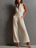 Mono Chic Elegante Blanco Crema con Cuello Alto, Media Cremallera y Borde Deshilachado