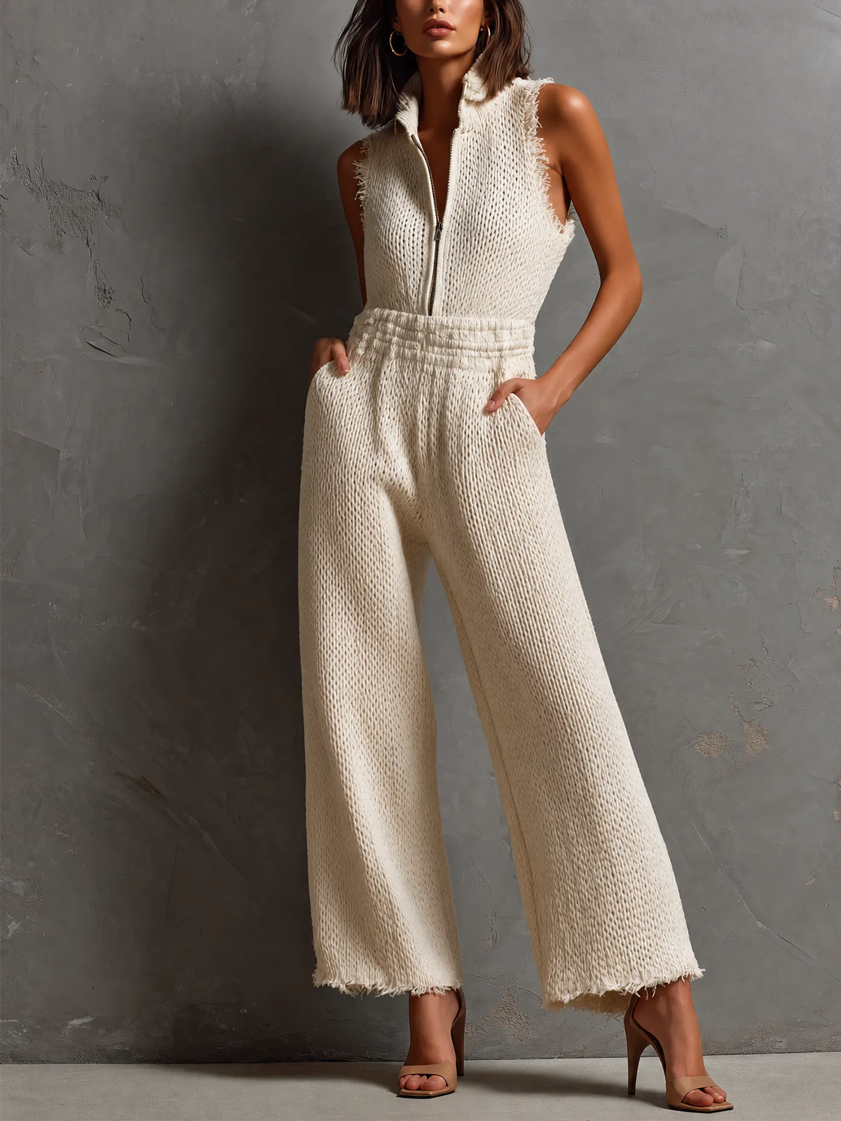 Mono Chic Elegante Blanco Crema con Cuello Alto, Media Cremallera y Borde Deshilachado