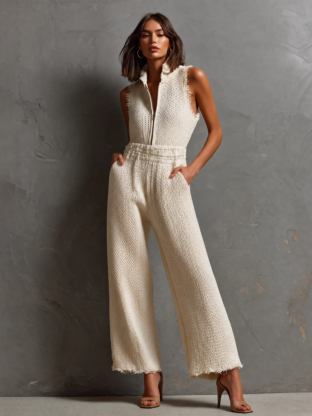 Mono Chic Elegante Blanco Crema con Cuello Alto, Media Cremallera y Borde Deshilachado