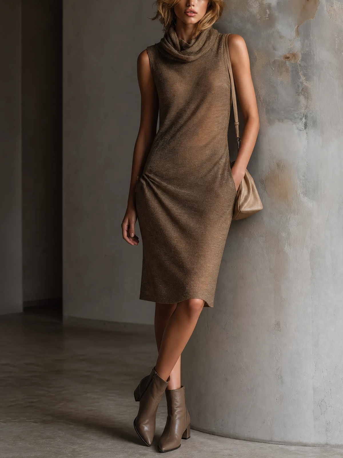 Vestido Midi Chic Elegante Taupe con Cuello Cowl y sin Mangas