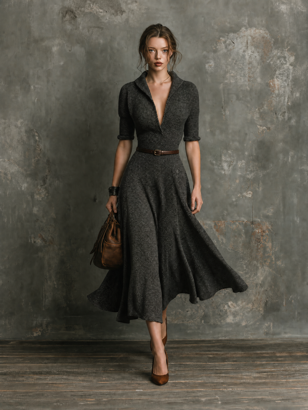 Vestido Midi Chic Elegante Gris Carbón con Cuello Chal en V, Cinturón y Tweed Jaspeado