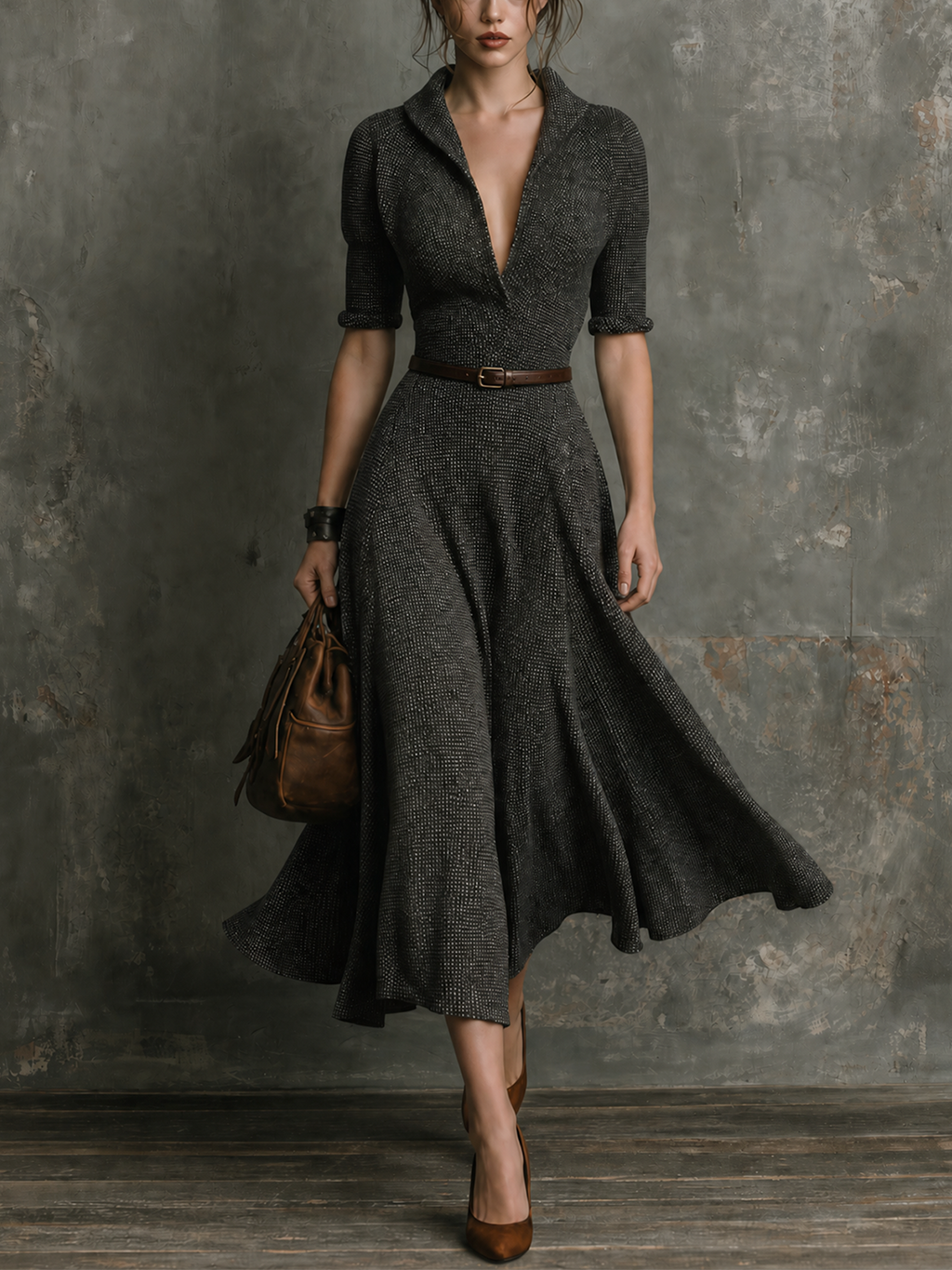 Vestido Midi Chic Elegante Gris Carbón con Cuello Chal en V, Cinturón y Tweed Jaspeado