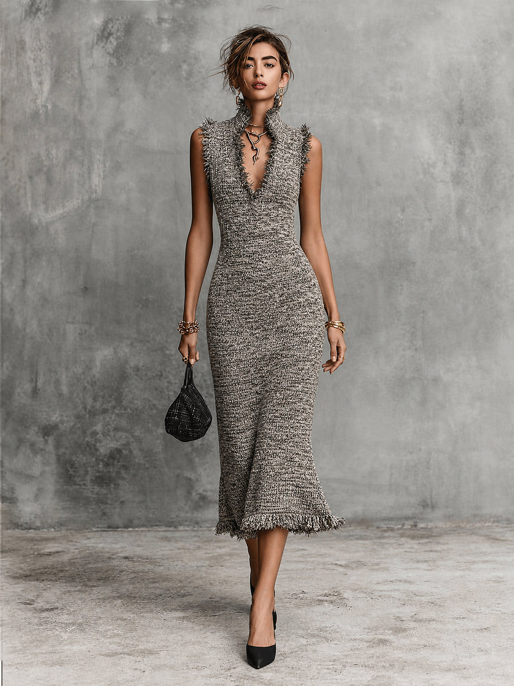 Vestido Midi Chic Gris Moteado con Cuello Alto en V, Borlas y sin Mangas