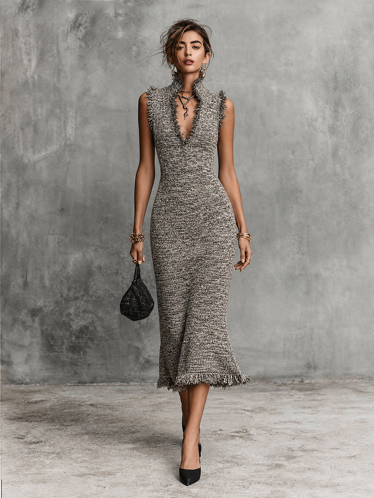 Vestido Midi Chic Gris Moteado con Cuello Alto en V, Borlas y sin Mangas