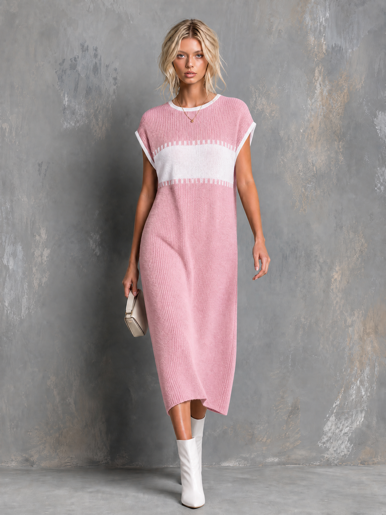Vestido Midi Chic Elegante Colorblock Rosa Empolvado y Blanco con Cuello Redondo y Manga Casquillo